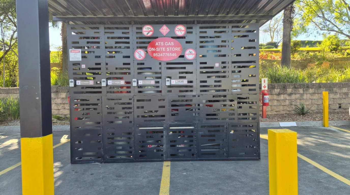 Installed EZI-PUDO secure LPG cylinder cage store at an on-site collection point